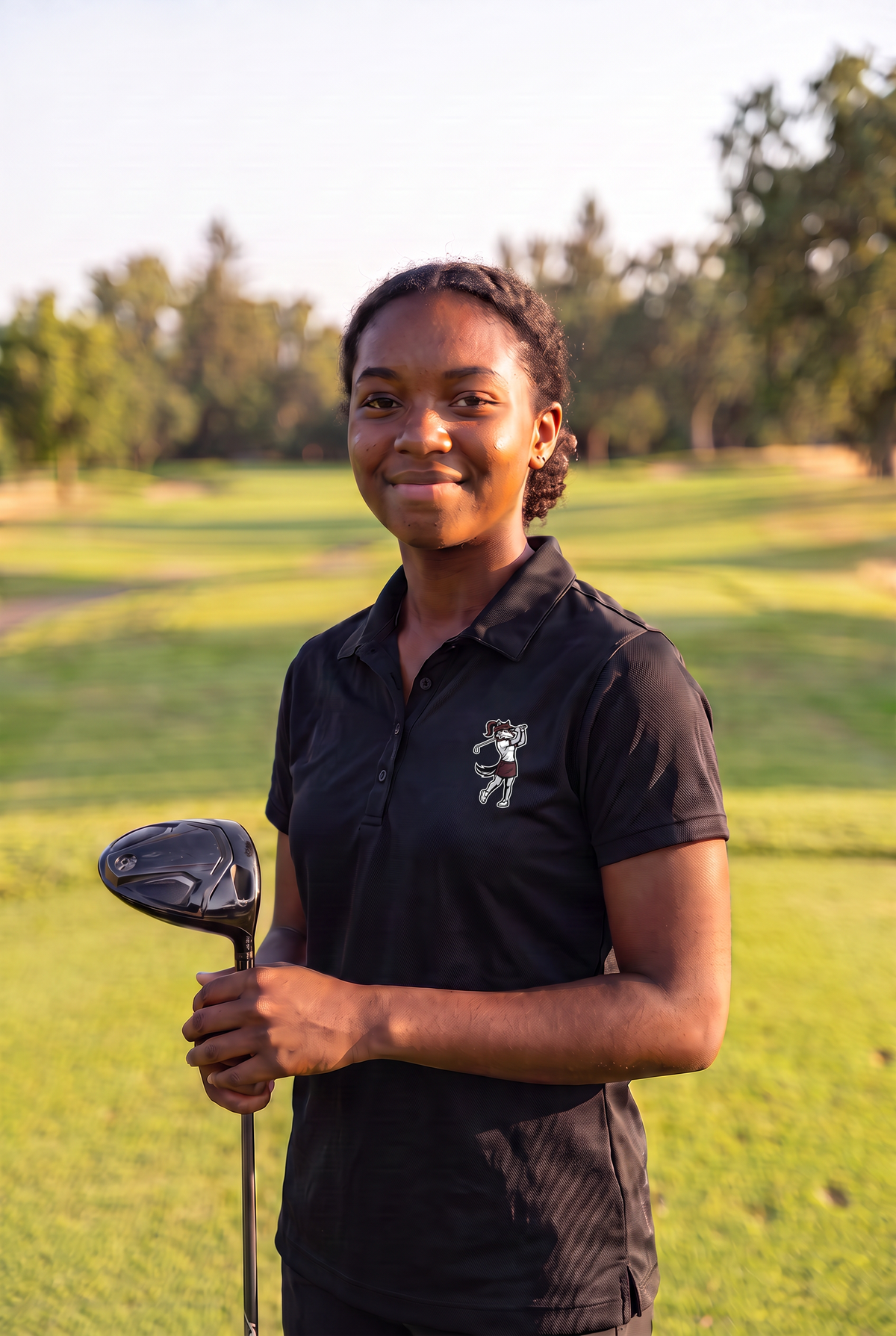 Woodcreek Girls Golf Swing Wolf Polo in Black, left-chest Swing Wolf, on the fairway