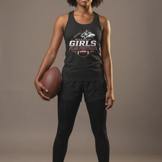 Woodcreek Flag Football women's racerback tank — editorial loop