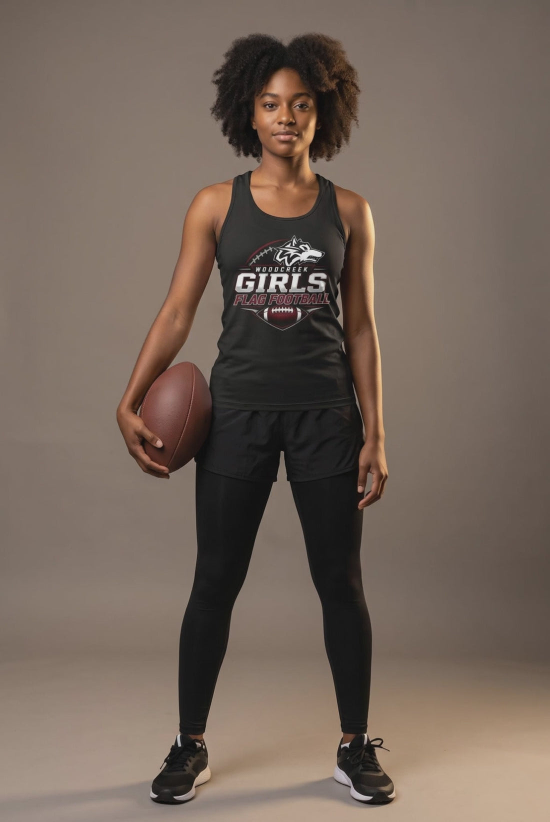 Woodcreek Flag Football women's racerback tank — editorial loop