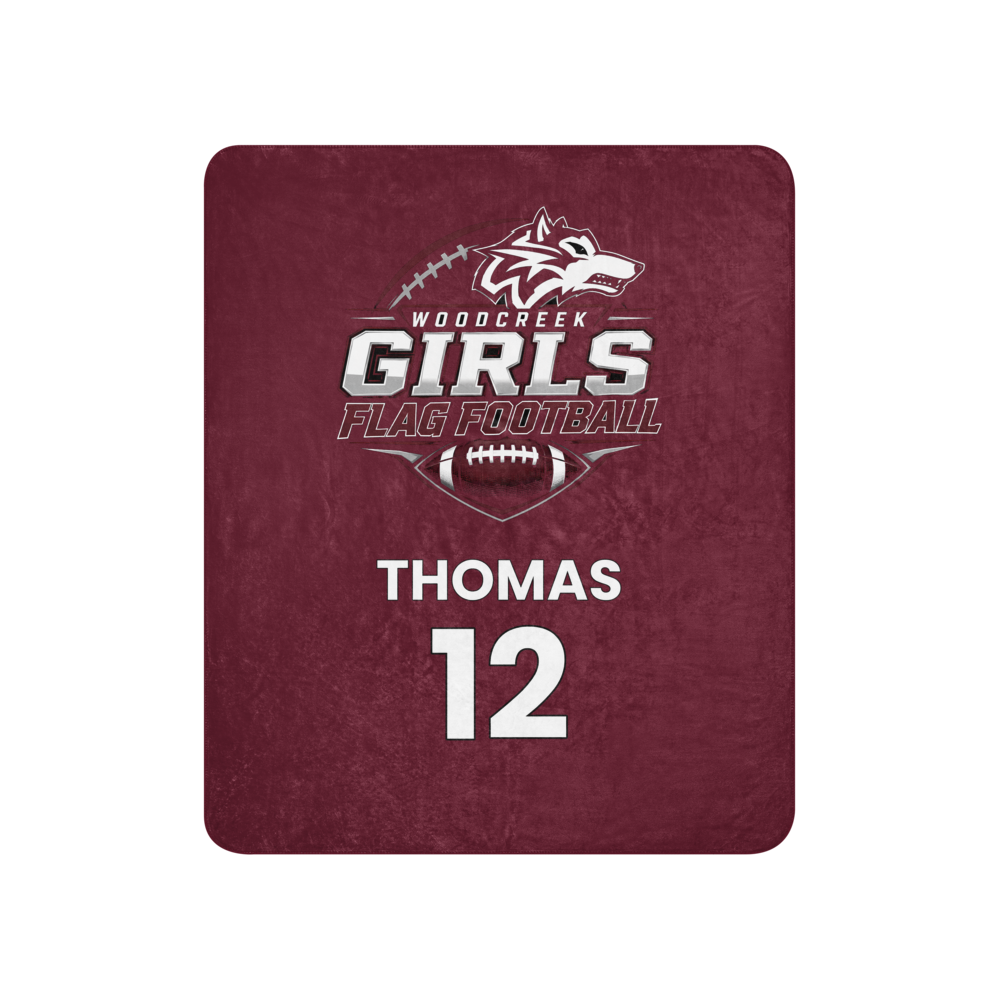 Woodcreek Girls Flag Football personalized sherpa blanket, sample with player name and number