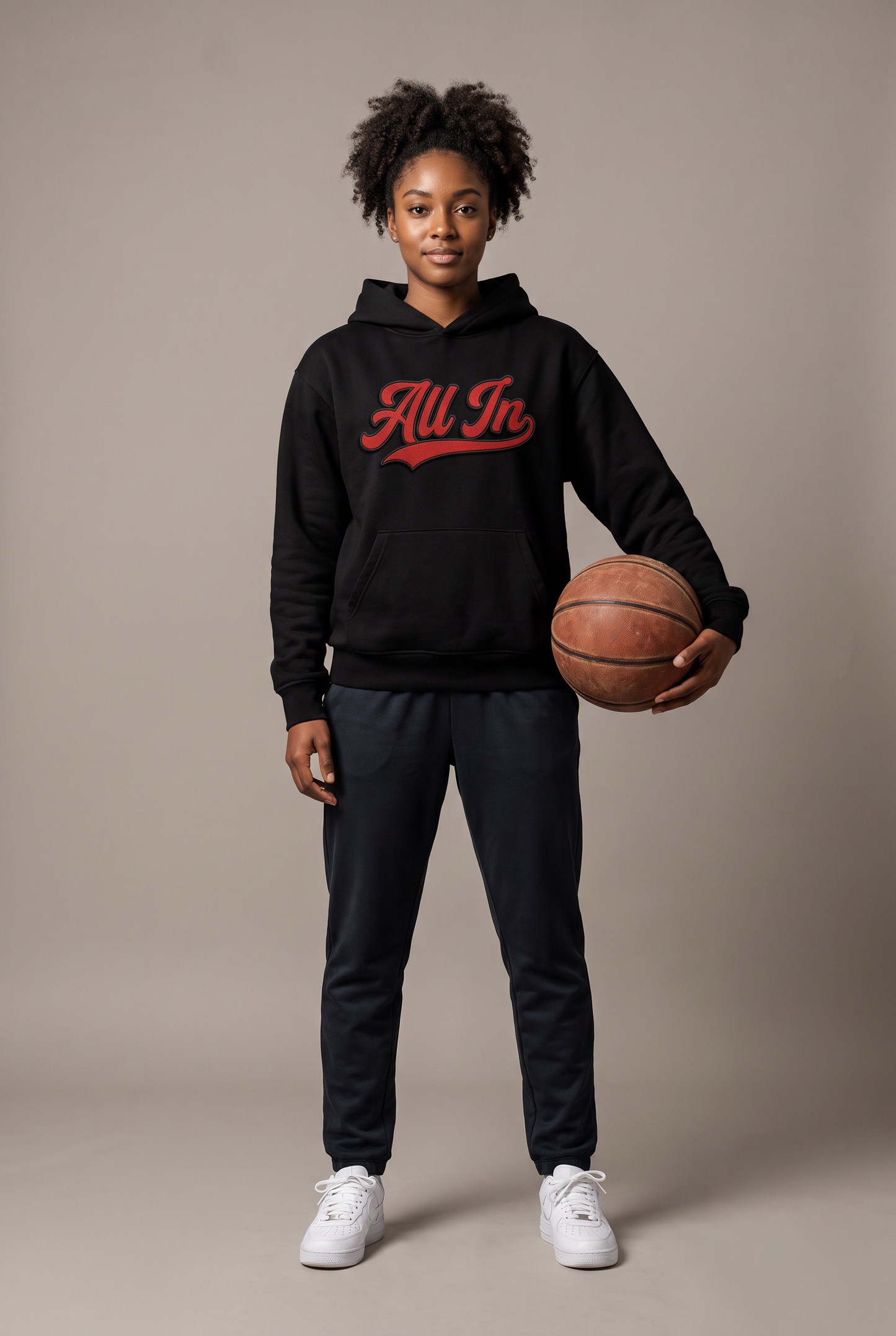 All In swoosh script hoodie — worn by a basketball athlete