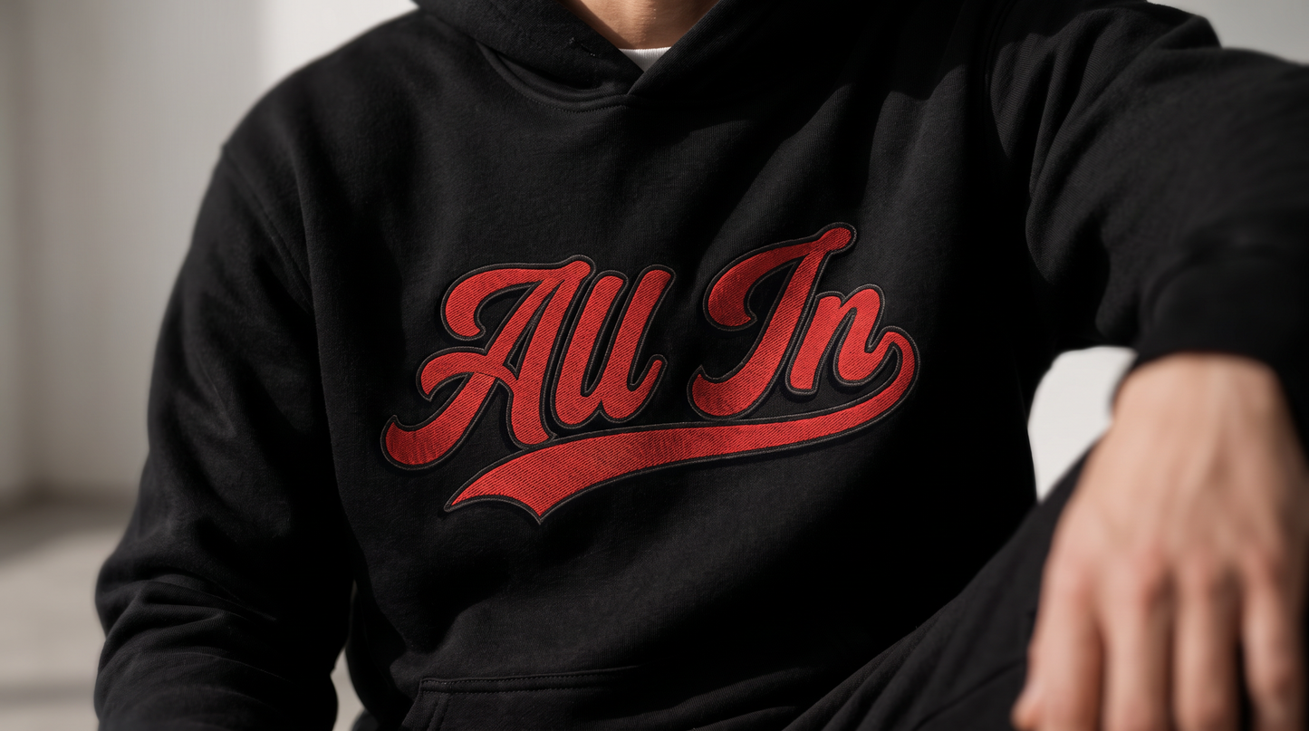 All In swoosh script — stitch detail on black fleece