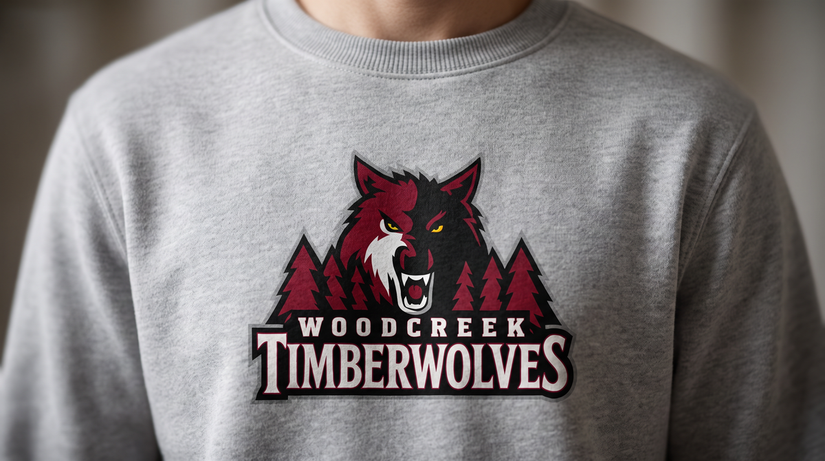 Woodcreek Timberwolves crewneck — logo detail