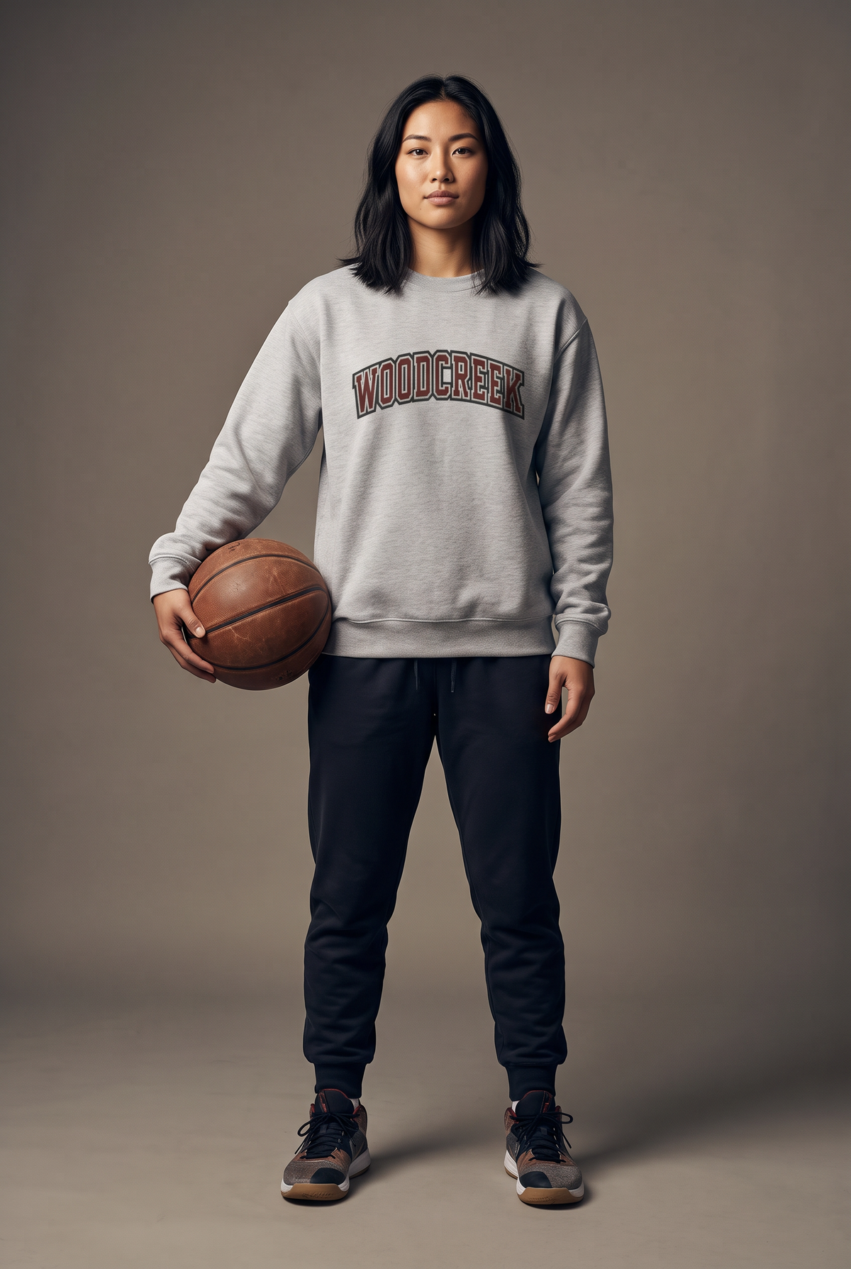Woodcreek college letter crewneck — editorial, worn by athlete