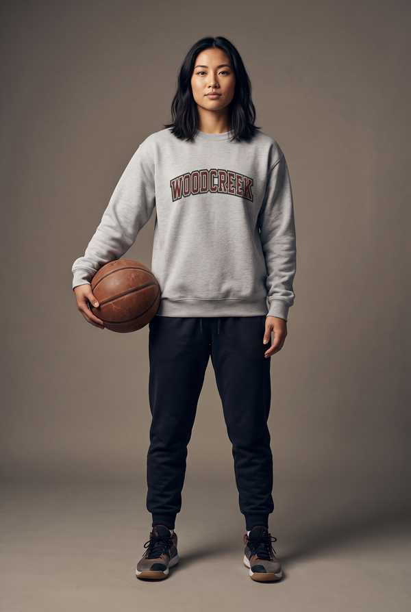 Woodcreek college letter crewneck — editorial, worn by athlete