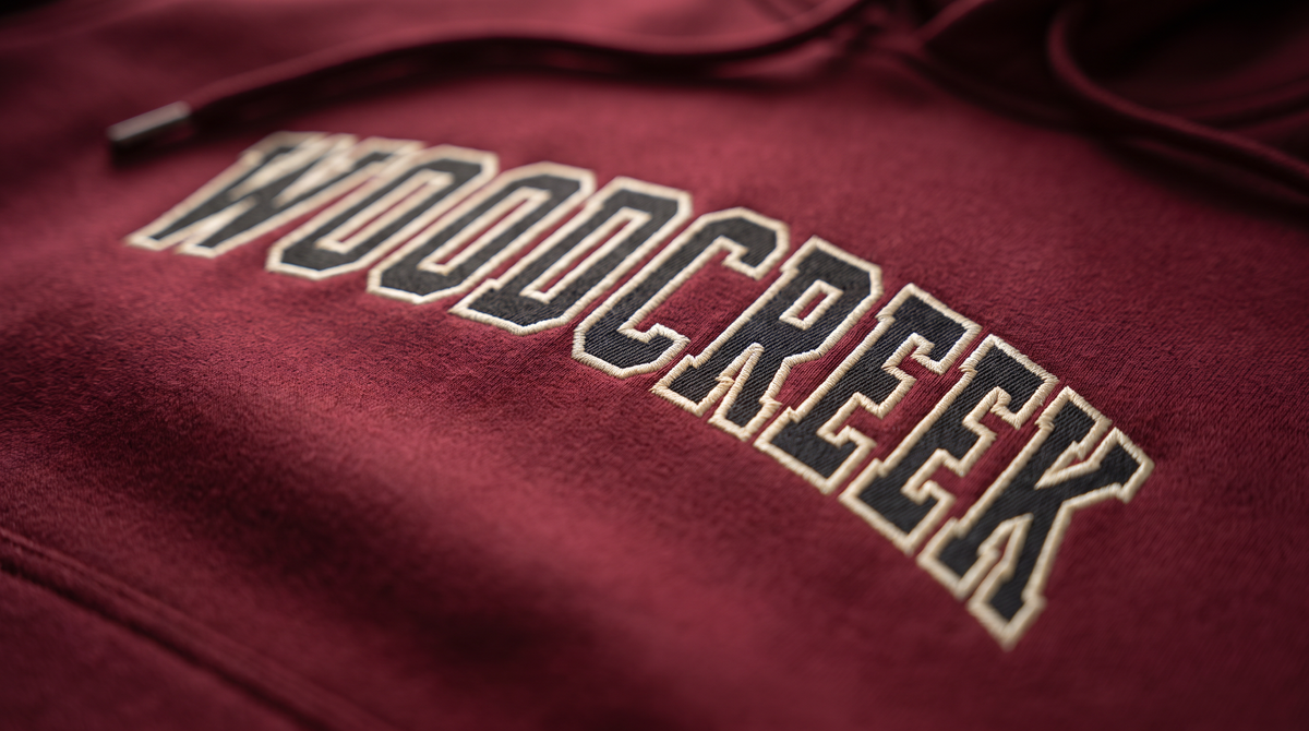 Woodcreek college letter hoodie — lettering detail