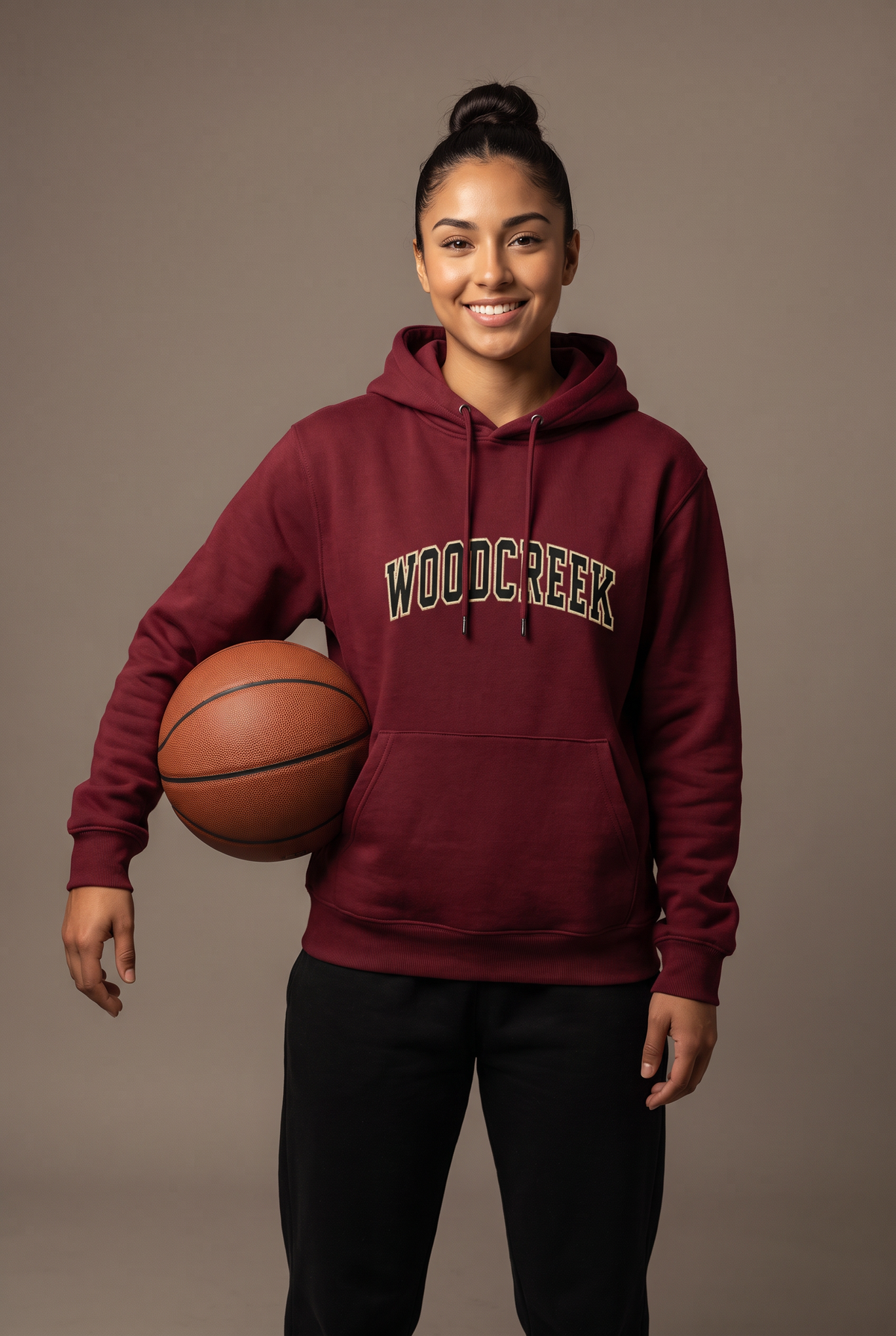 Woodcreek college letter hoodie — editorial, worn by athlete