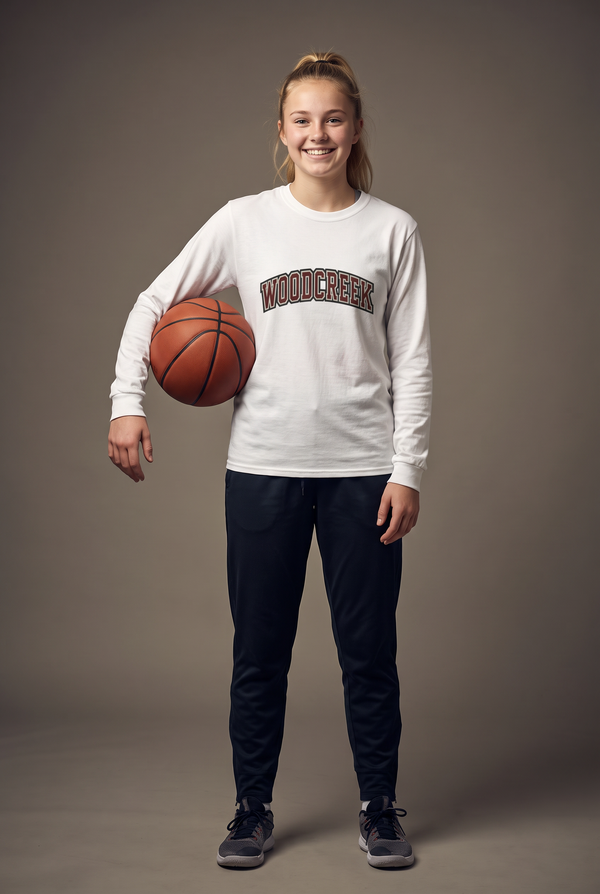 Woodcreek college letter long sleeve — editorial, worn by athlete
