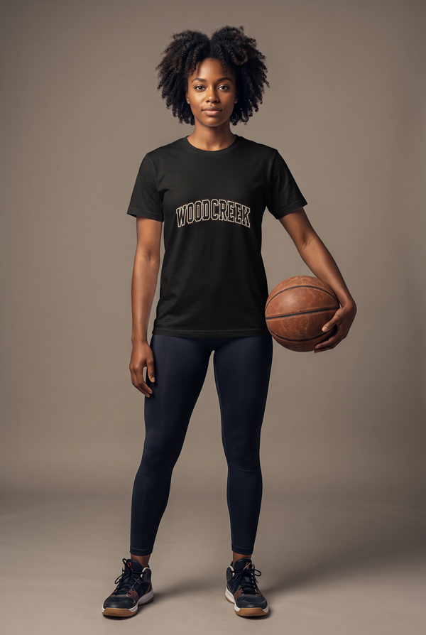 Woodcreek college letter tee — editorial, worn by athlete