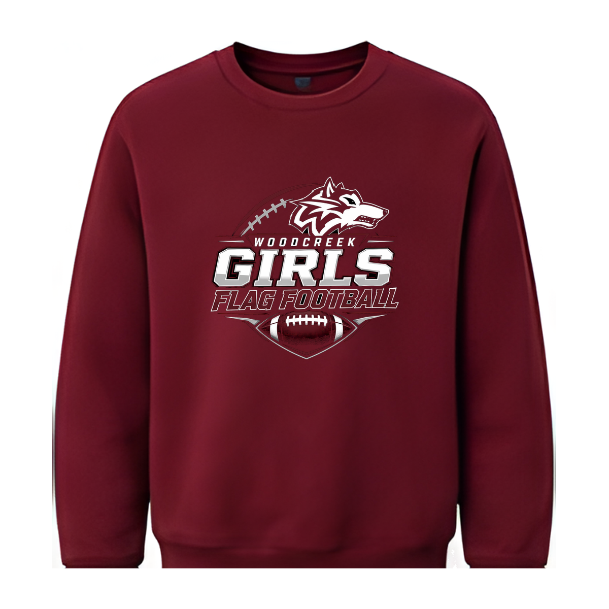 Woodcreek Girls Flag Football Fleece Crewneck — Maroon
