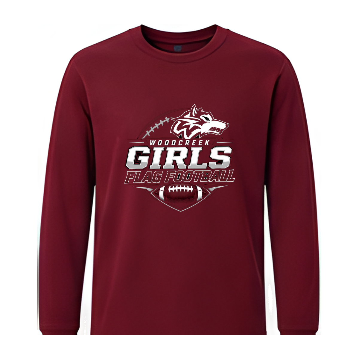 Woodcreek Girls Flag Football Long Sleeve Tee — Maroon