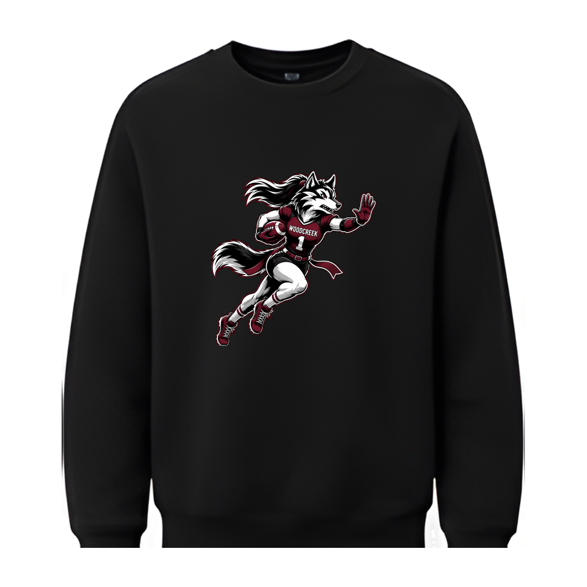 Woodcreek Girls Flag Football Stiff Arm Fleece Crewneck — Black