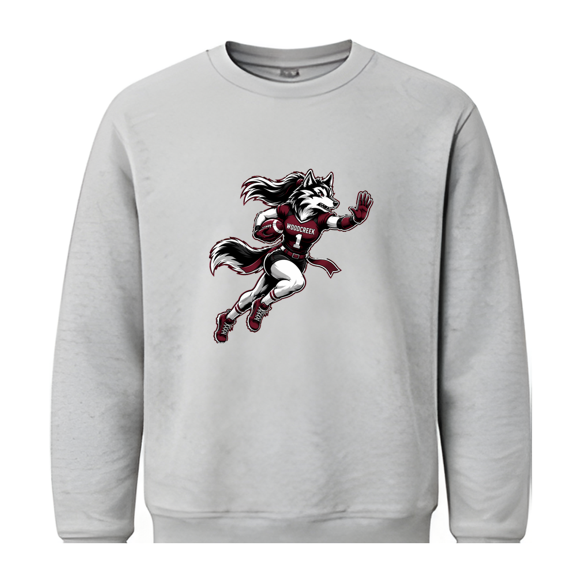 Woodcreek Girls Flag Football Stiff Arm Fleece Crewneck — Gray