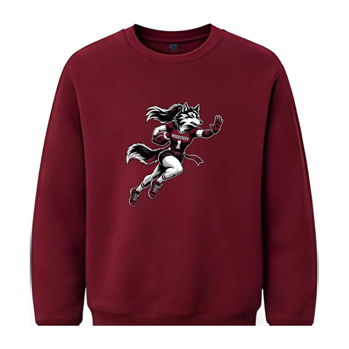 Woodcreek Girls Flag Football Stiff Arm Fleece Crewneck — Maroon