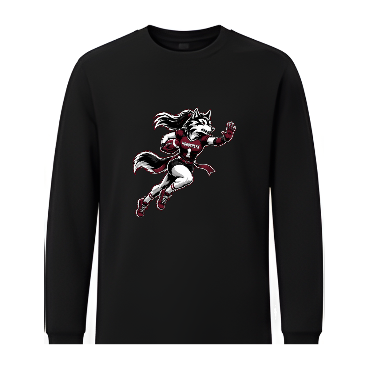 Woodcreek Girls Flag Football Stiff Arm Long Sleeve Tee — Black