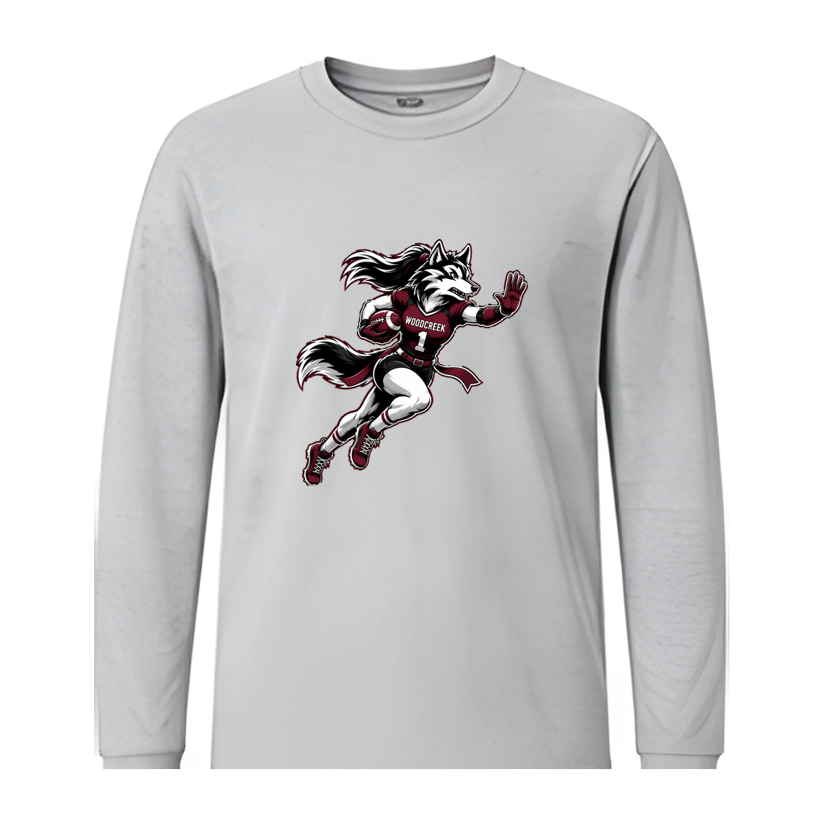 Woodcreek Girls Flag Football Stiff Arm Long Sleeve Tee — Gray
