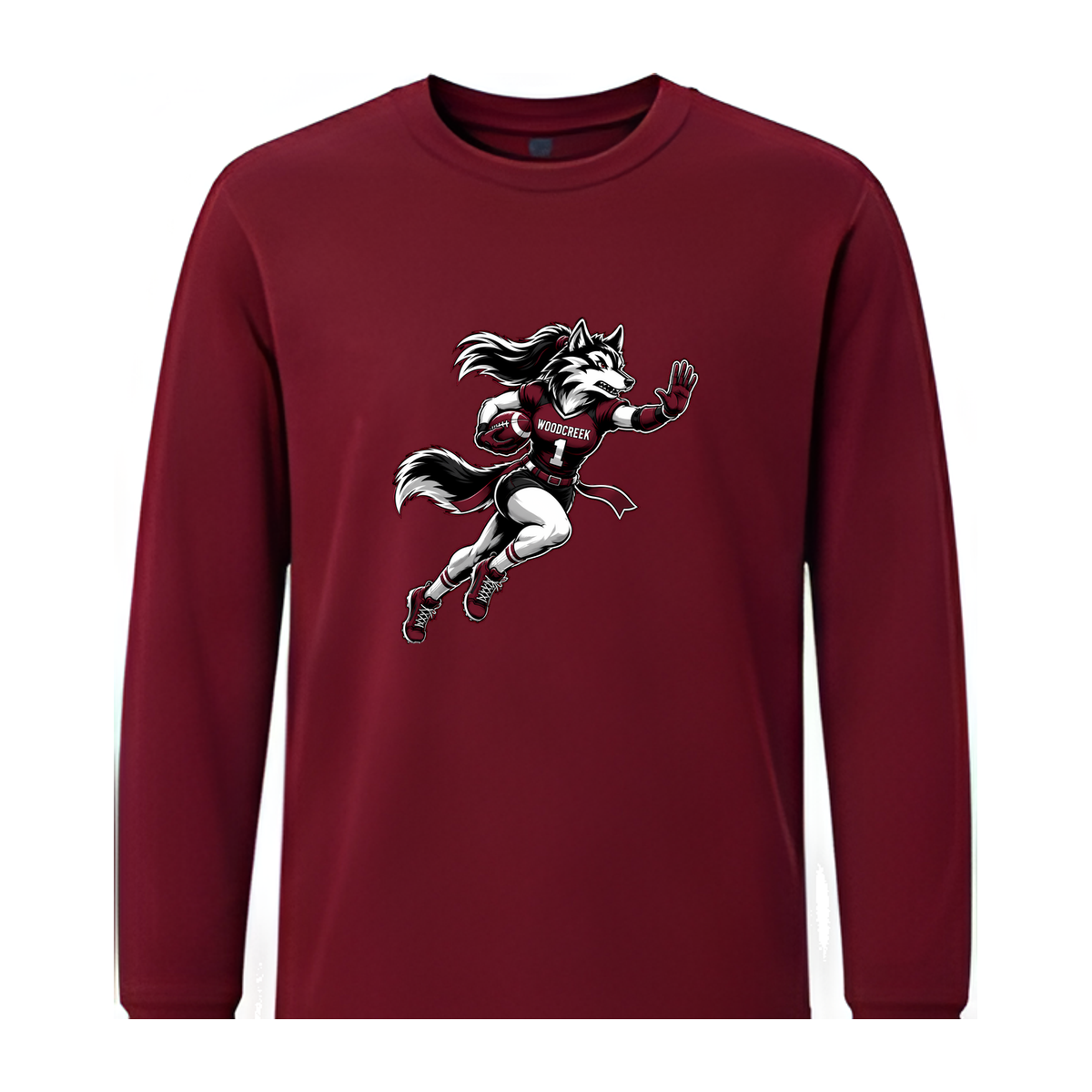 Woodcreek Girls Flag Football Stiff Arm Long Sleeve Tee — Maroon