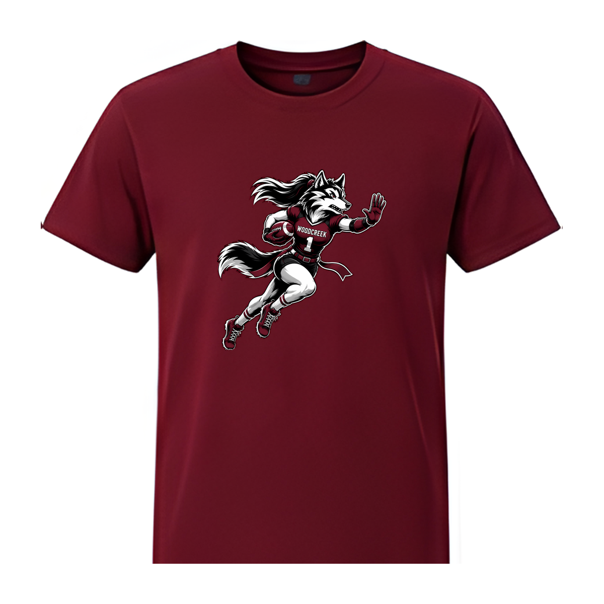 Woodcreek Girls Flag Football Stiff Arm Youth Tee — Maroon